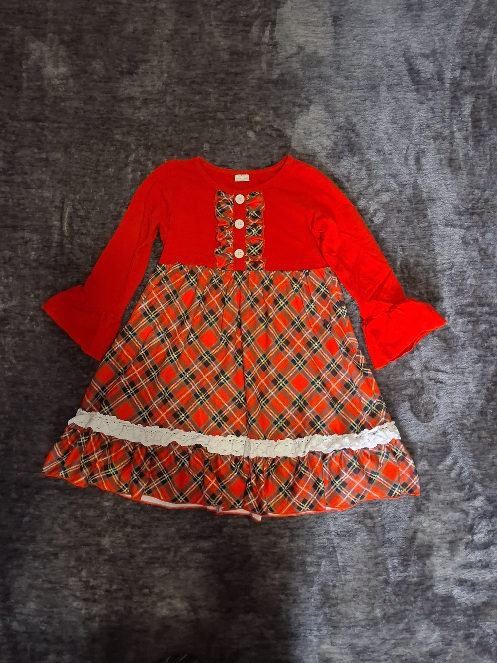Girls Red, Green Plaid Long Sleeve Ruffle Lace Dress Girls Size 4/5- Christmas